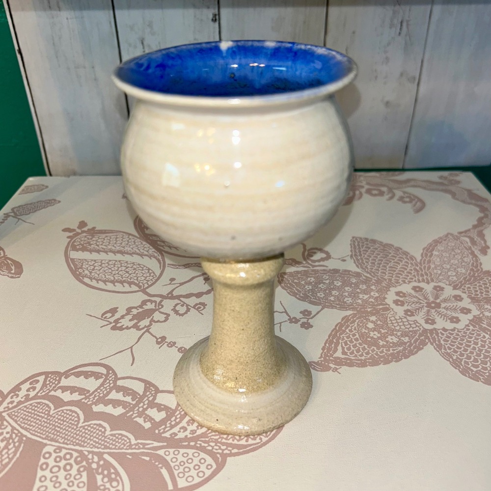 Handmade‎ Studio Pottery Chalice Cobalt Blue Glaze Interior Cream Stoneware 6"